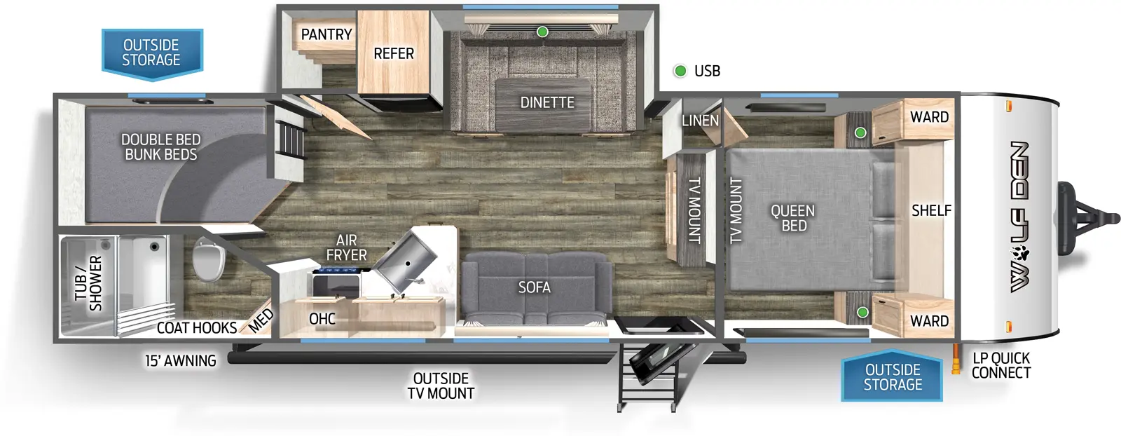 The 272BRB has one slideout and one entry. Exterior features LP quick connect, outside storage, outside TV mount, and 15 foot awning. Interior layout front to back: foot-facing queen bed with shelf above, wardrobes on each side, linen closet, and TV mount; TV mount along inner wall; off-door side slideout with dinette, refrigerator, and pantry; door side entry, sofa, peninsula kitchen counter with sink wraps to door side with overhead cabinet and air fryer; rear off-door side double bed bunk beds; rear door side full bathroom with coat hooks and medicine cabinet.